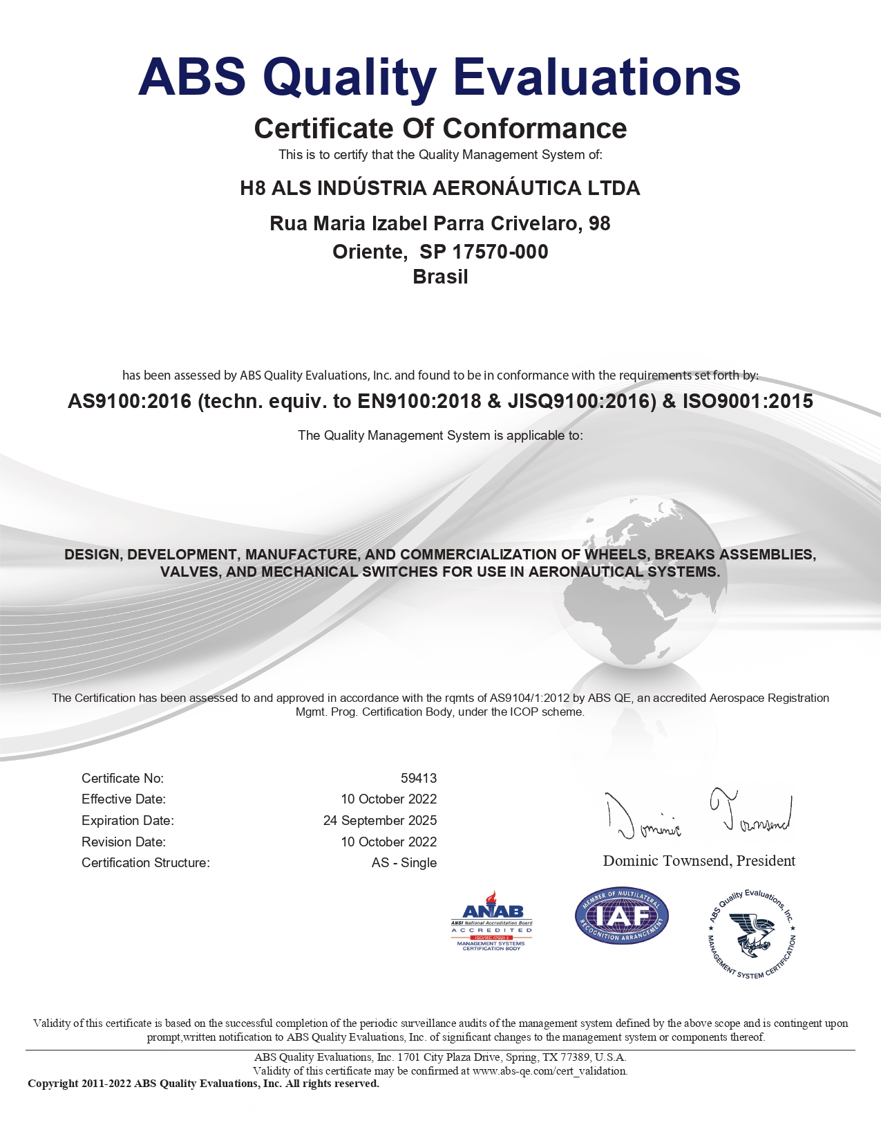 H8 ALS é certificada pela AS 9100D E ISO9001